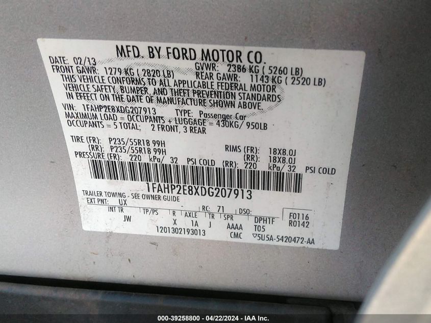 1FAHP2E8XDG207913 | 2013 FORD TAURUS