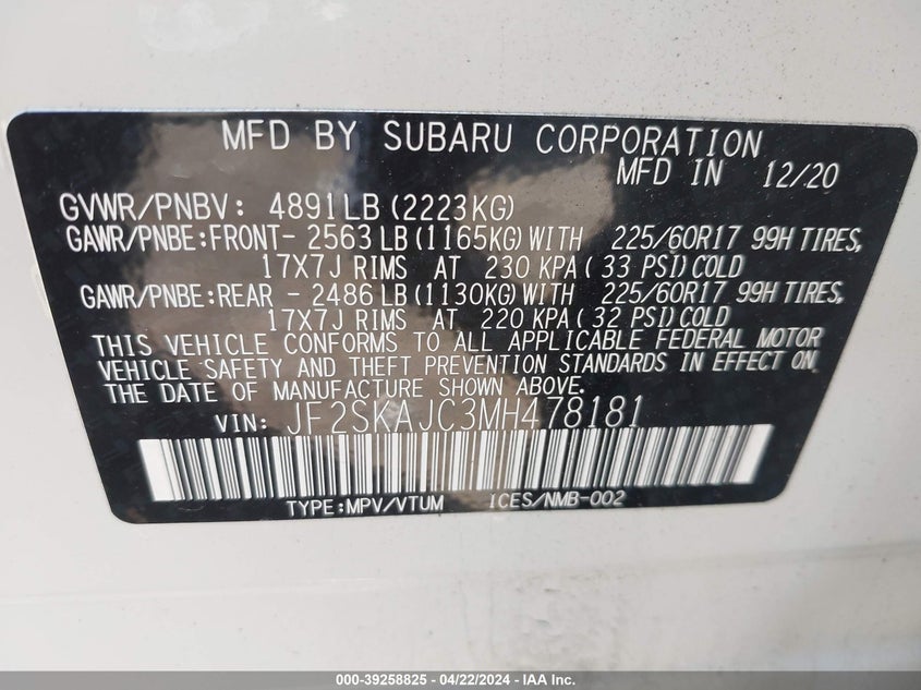 VIN JF2SKAJC3MH478181 2021 SUBARU FORESTER PREMIUM