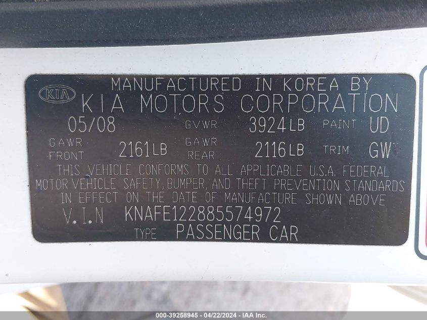 KNAFE122885574972 | 2008 KIA SPECTRA