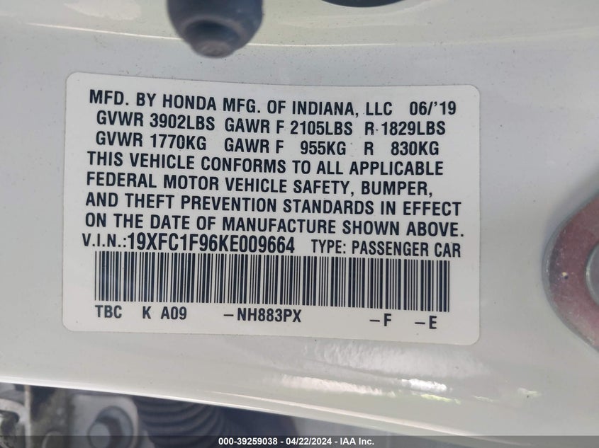 2019 HONDA CIVIC TOURING - 19XFC1F96KE009664