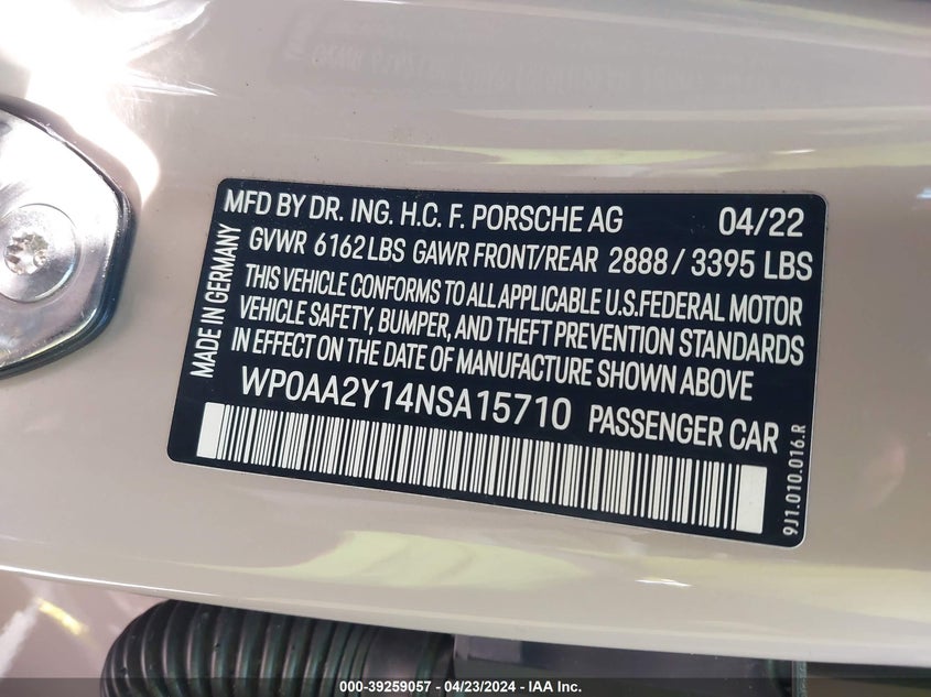 2022 PORSCHE TAYCAN U   U(VIN: WP0AA2Y14NSA15710