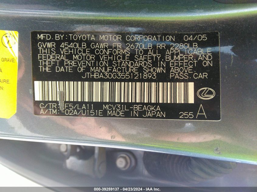 2005 Lexus Es 330 VIN: JTHBA30G355121893 Lot: 39259137