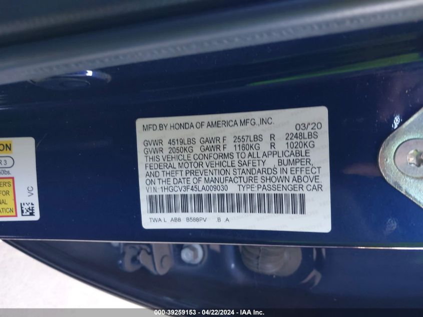 1HGCV3F45LA009030 | 2020 HONDA ACCORD