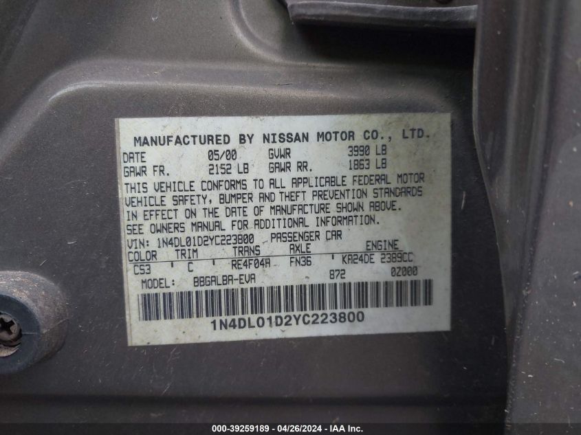 1N4DL01D2YC223800 | 2000 NISSAN ALTIMA