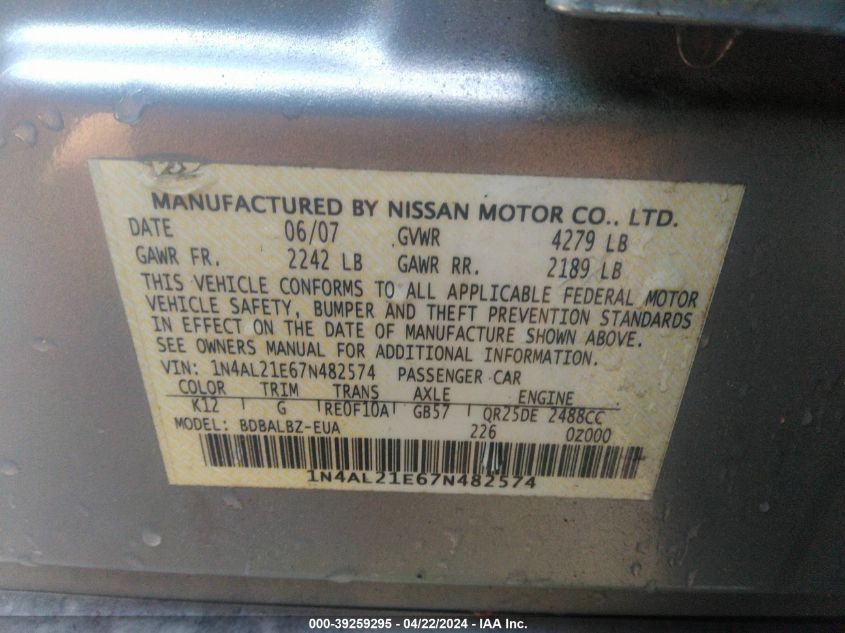 2007 Nissan Altima 2.5 S VIN: 1N4AL21E67N482574 Lot: 39259295