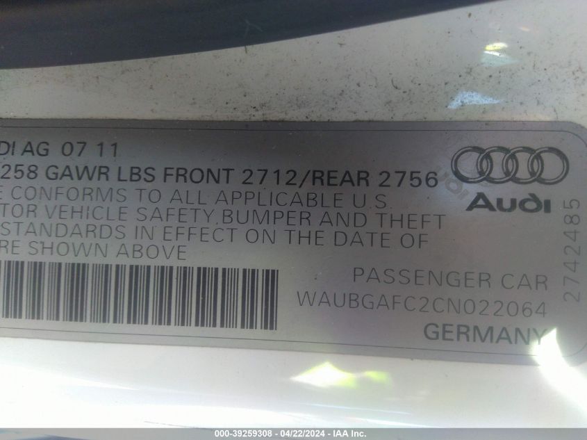 WAUBGAFC2CN022064 | 2012 AUDI A6