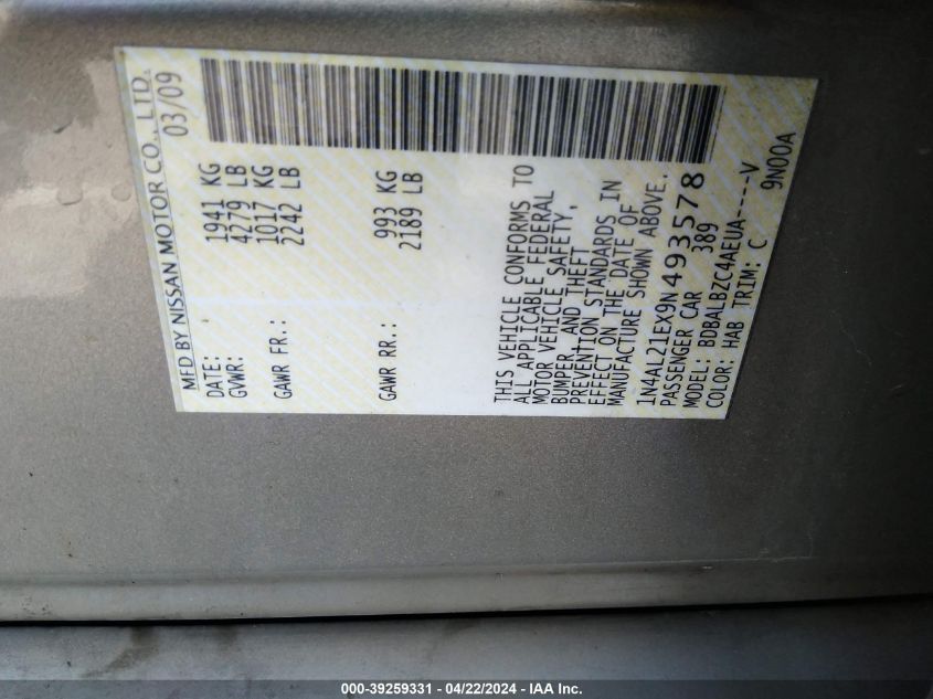2009 Nissan Altima 2.5 S VIN: 1N4AL21EX9N493578 Lot: 39259331