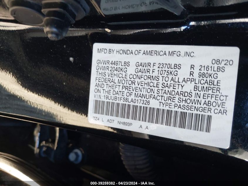 19UUB1F58LA017326 2020 Acura Tlx Tech Package