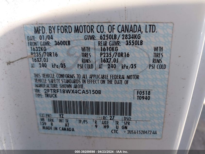 2FTRF18WX4CA51508 | 2004 FORD F-150 HERITAGE