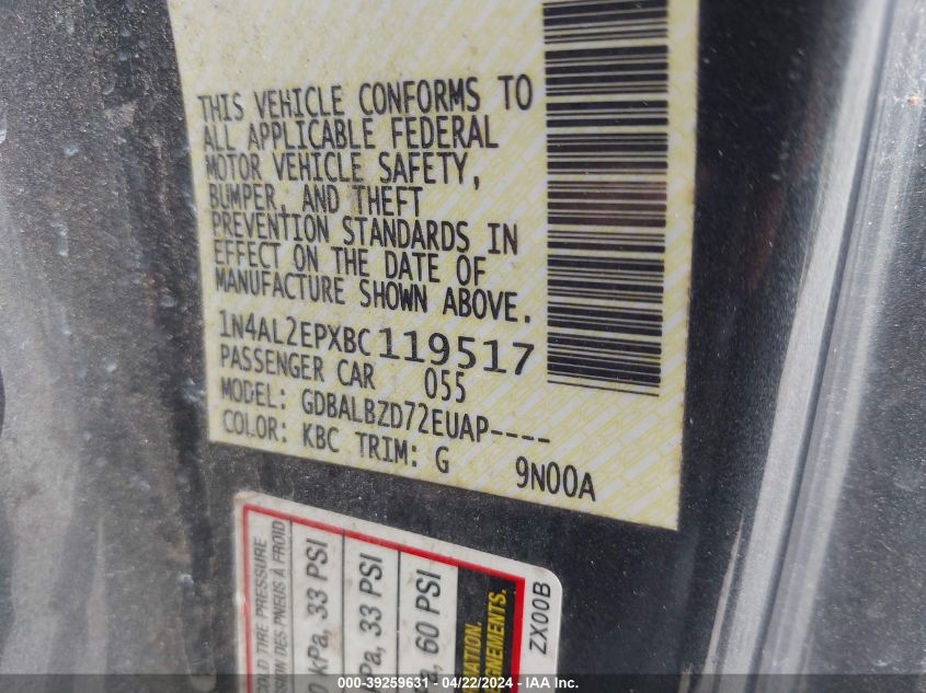 2011 Nissan Altima 2.5 S VIN: 1N4AL2EPXBC119517 Lot: 39243337