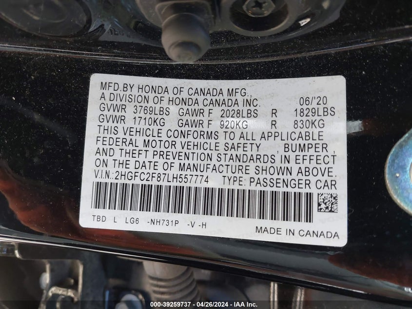 VIN 2HGFC2F87LH557774 2020 HONDA CIVIC SPORT