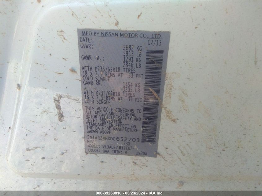 2013 Nissan Pathfinder Sv VIN: 5N1AR2MNXDC652703 Lot: 50765304