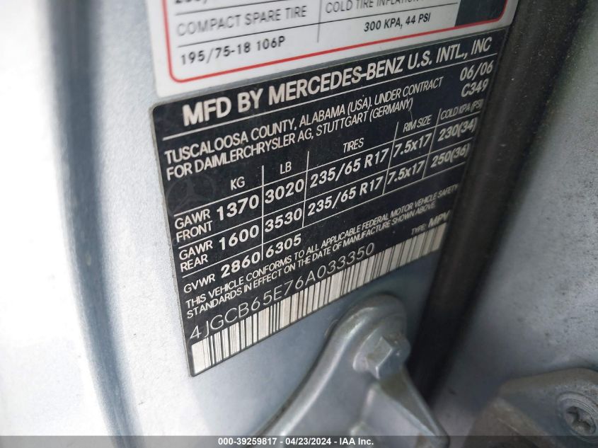 2006 Mercedes-Benz R 350 4Matic VIN: 4JGCB65E76A033350 Lot: 49273674