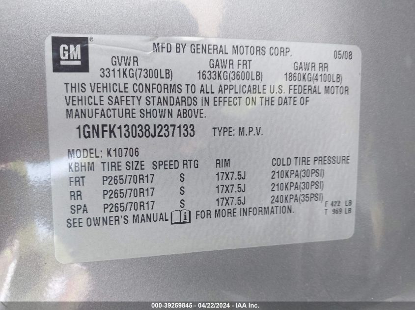 2008 Chevrolet Tahoe Ls VIN: 1GNFK13038J237133 Lot: 47318494