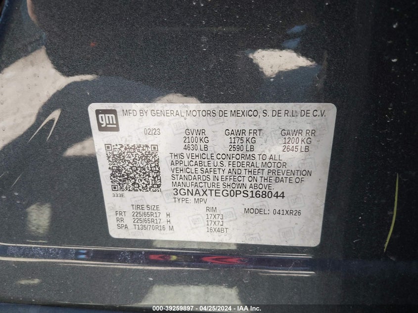 VIN 3GNAXTEG0PS168044 2023 CHEVROLET EQUINOX AWD 2FL