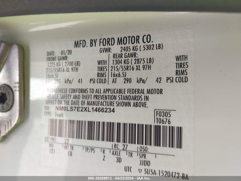 2020 FORD TRANSIT CONNECT XL - NM0LS7E2XL1466234