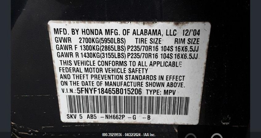 2005 Honda Pilot VIN: 5FNYF18465B015206 Lot: 39259936