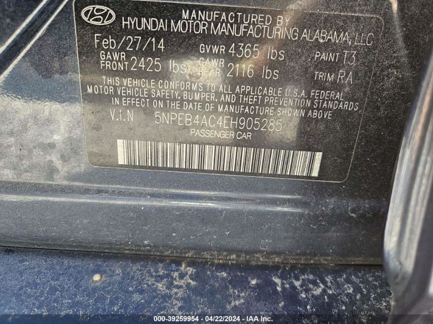 5NPEB4AC4EH905285 | 2014 HYUNDAI SONATA