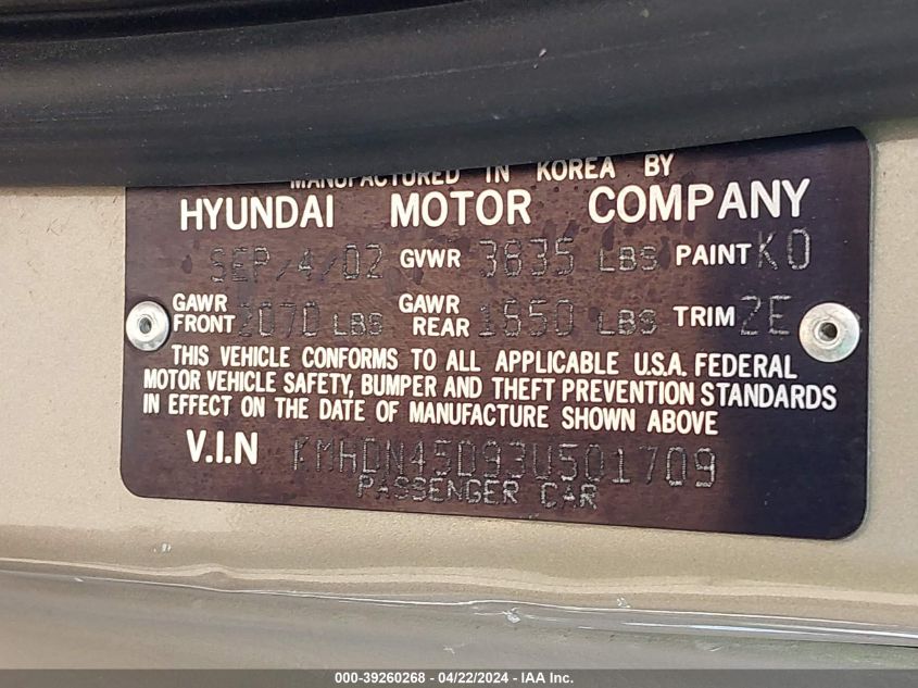 KMHDN45D93U501709 | 2003 HYUNDAI ELANTRA