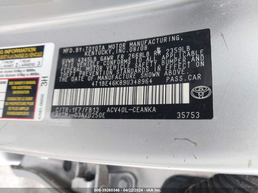 4T1BE46K89U348964 | 2009 TOYOTA CAMRY