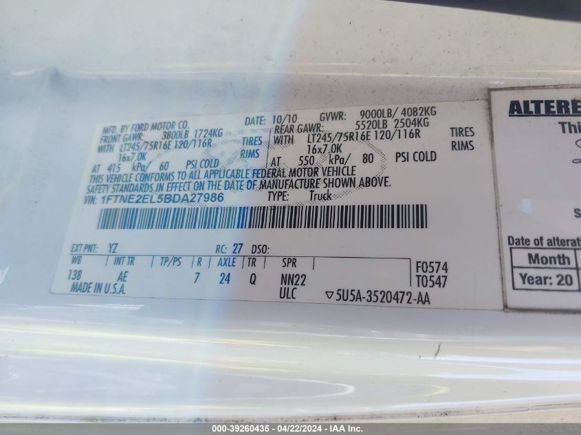 2011 Ford E-250 Commercial/Recreational VIN: 1FTNE2EL5BDA27986 Lot: 39235821