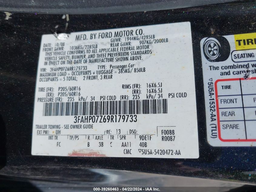 3FAHP07Z69R179733 | 2009 FORD FUSION