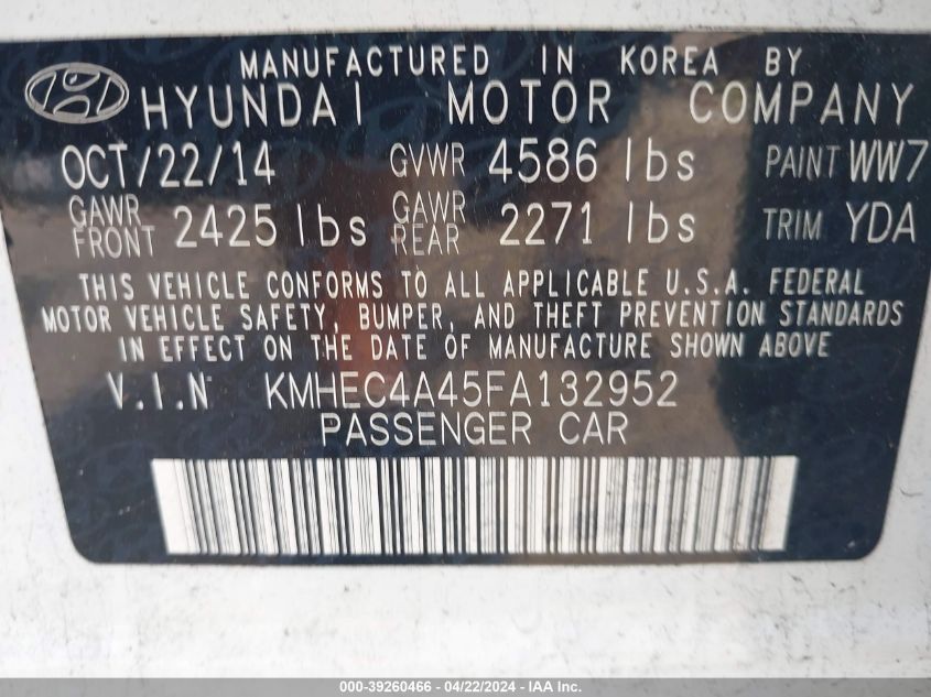 KMHEC4A45FA132952 | 2015 HYUNDAI SONATA HYBRID