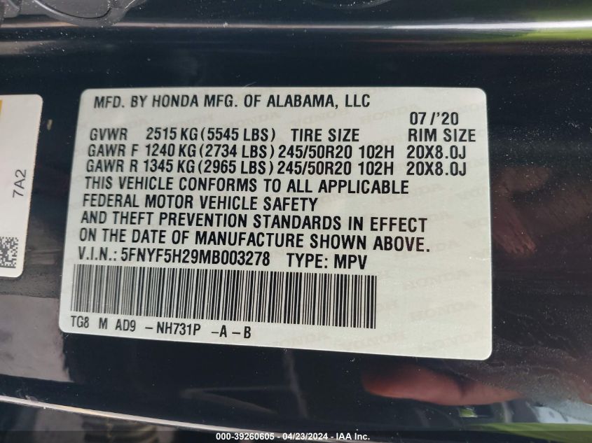 2021 Honda Pilot 2Wd Special Edition VIN: 5FNYF5H29MB003278 Lot: 39260605