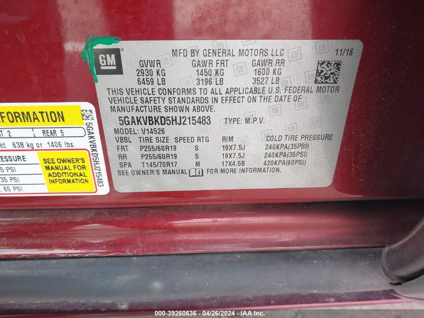 VIN 5GAKVBKD5HJ215483 2017 BUICK ENCLAVE LEATHER