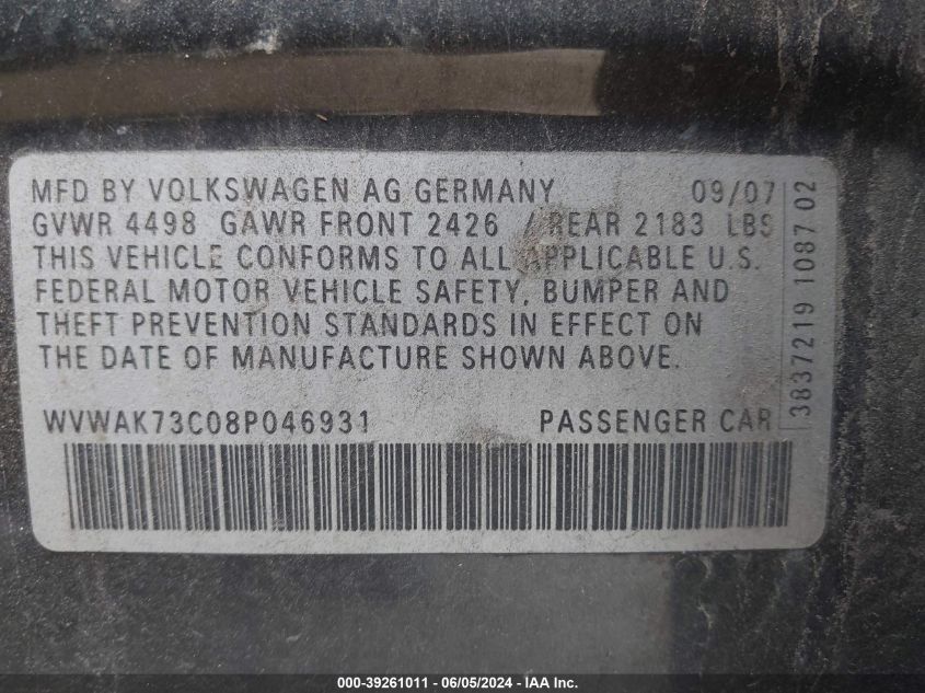 2008 Volkswagen Passat Komfort VIN: WVWAK73C08P046931 Lot: 39261011