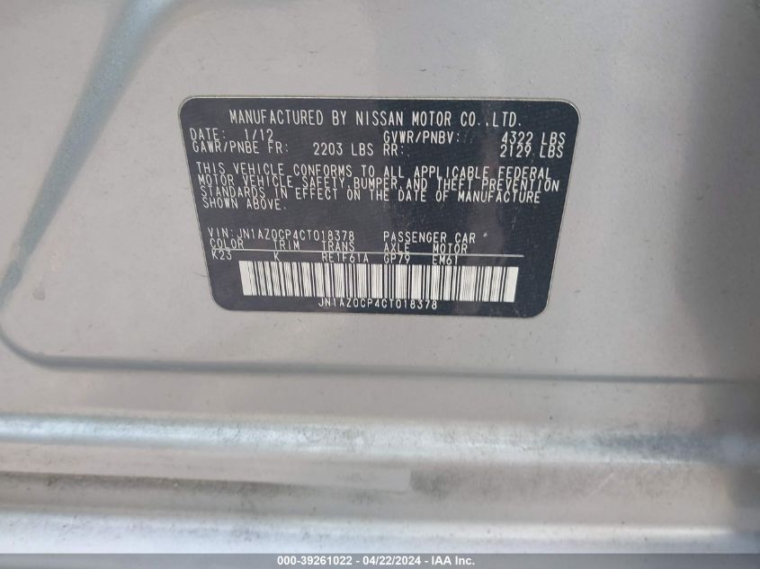 JN1AZ0CP4CT018378 | 2012 NISSAN LEAF