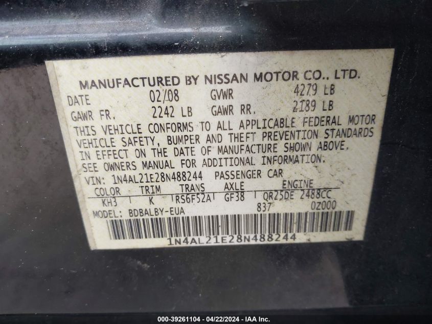 1N4AL21E28N488244 2008 Nissan Altima 2.5 S