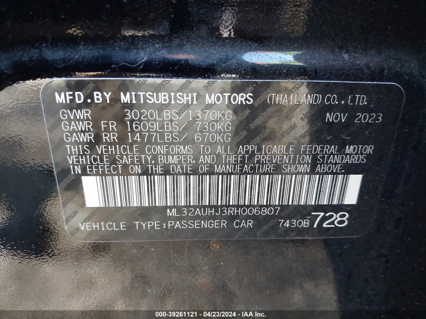 2024 MITSUBISHI MIRAGE 1.2L I3   N(VIN: ML32AUHJ3RH006807