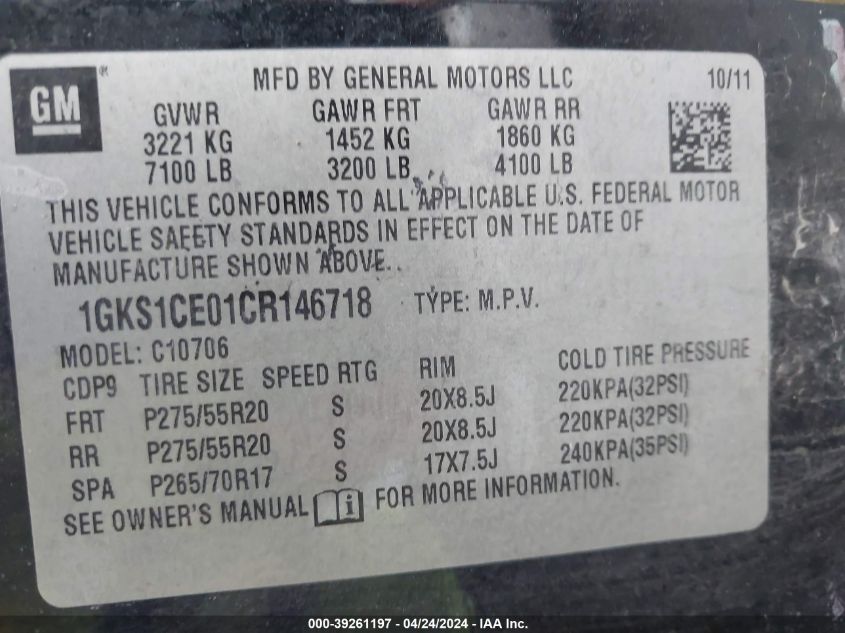 1GKS1CE01CR146718 2012 GMC Yukon Slt