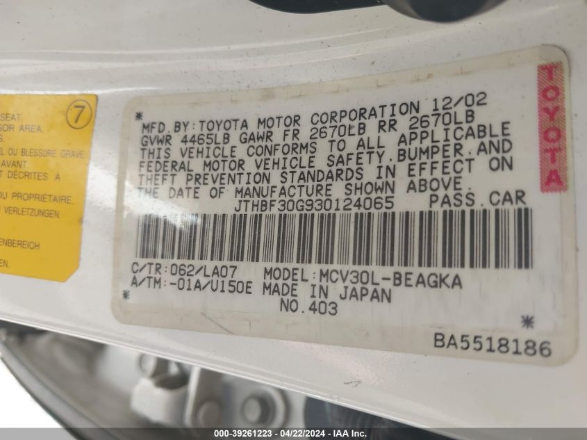 2003 Lexus Es 300 VIN: JTHBF30G930124065 Lot: 43437820