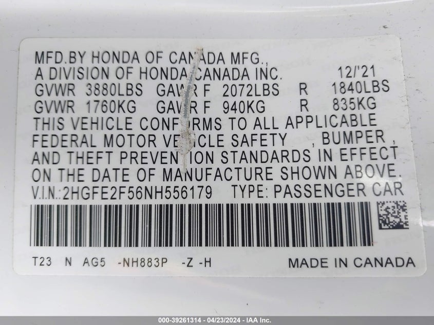 2022 HONDA CIVIC SPORT - 2HGFE2F56NH556179