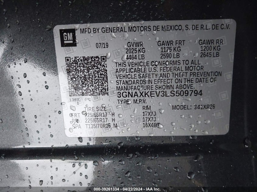 VIN 3GNAXKEV3LS509794 2020 CHEVROLET EQUINOX FWD LT 1.5L TURBO