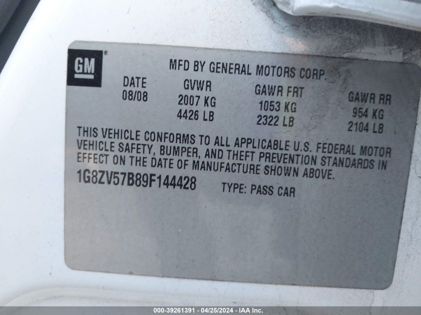 1G8ZV57B89F144428 | 2009 SATURN AURA