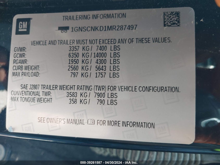 2021 CHEVROLET TAHOE 2WD LT - 1GNSCNKD1MR287497