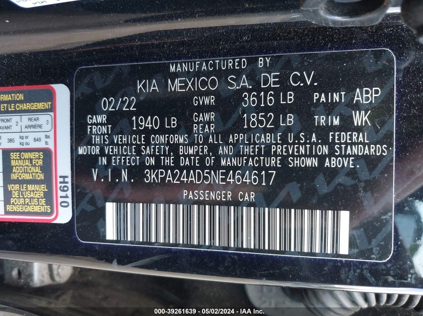 VIN 3KPA24AD5NE464617 2022 KIA RIO S