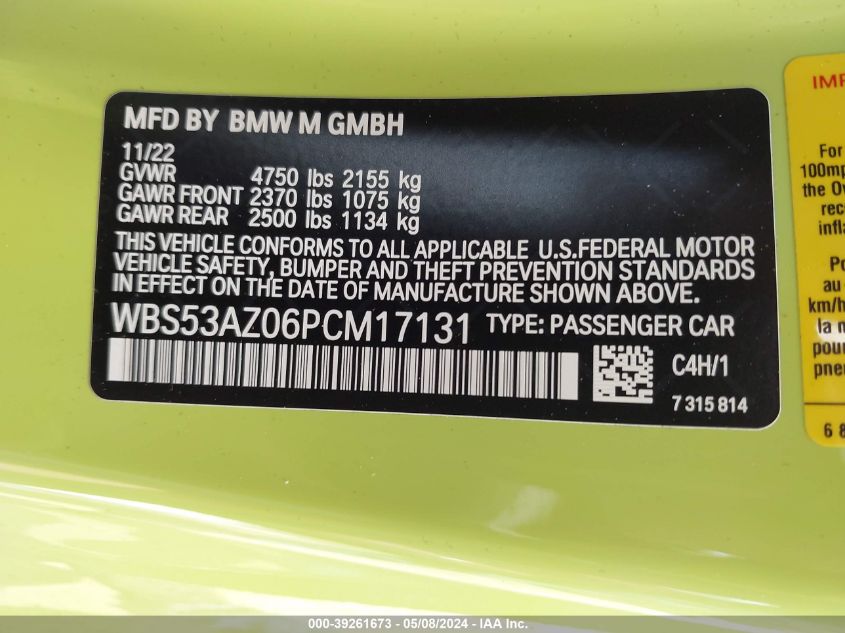 2023 BMW M4 Coupe VIN: WBS53AZ06PCM17131 Lot: 39261673