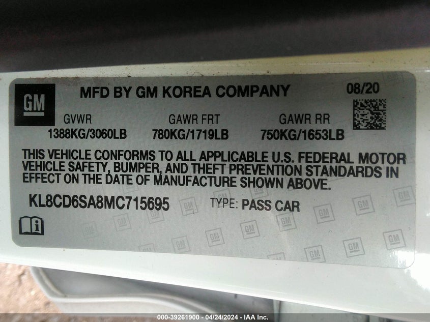 VIN KL8CD6SA8MC715695 2021 CHEVROLET SPARK 1LT