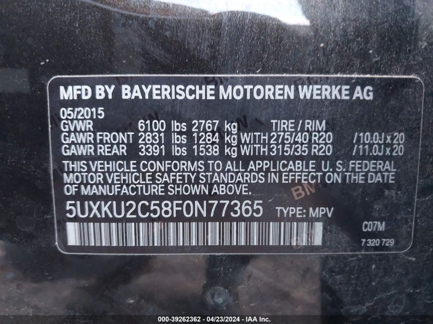 VIN 5UXKU2C58F0N77365 2015 BMW X6, Xdrive35I no.9