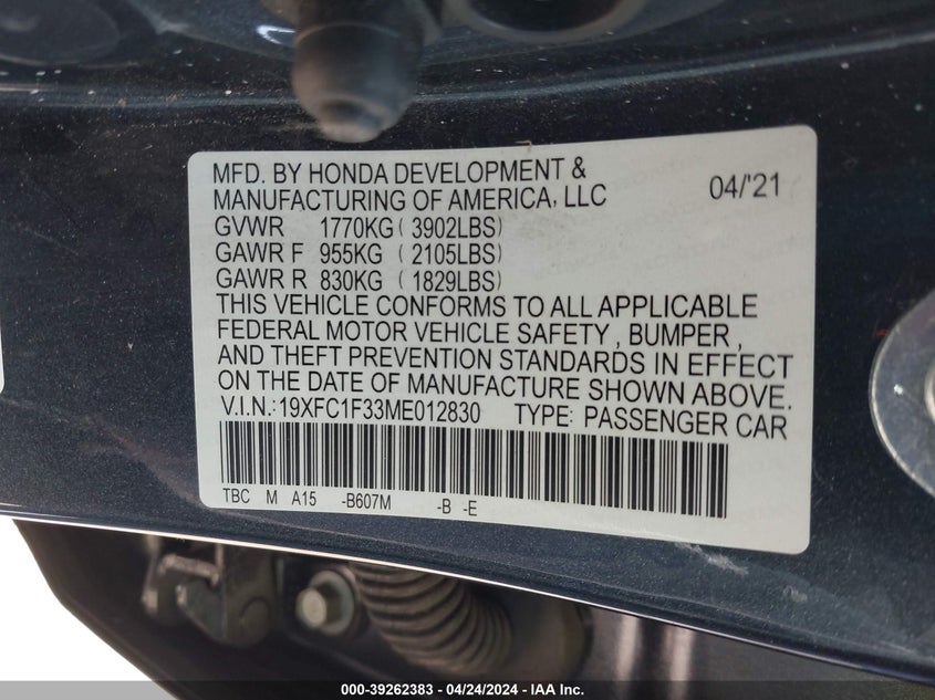 VIN 19XFC1F33ME012830 2021 HONDA CIVIC EX