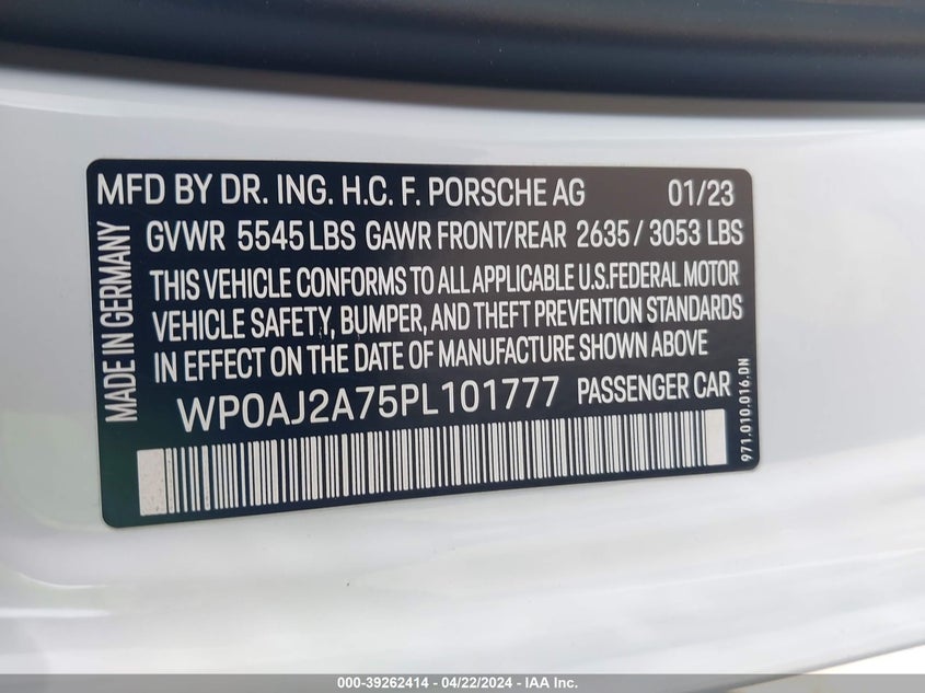 VIN WP0AJ2A75PL101777 2023 PORSCHE PANAMERA 4/4 PLATINUM EDITION/PLATINUM EDITION