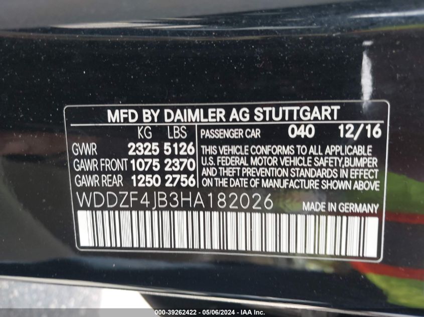 2017 Mercedes-Benz E 300 VIN: WDDZF4JB3HA182026 Lot: 39262422