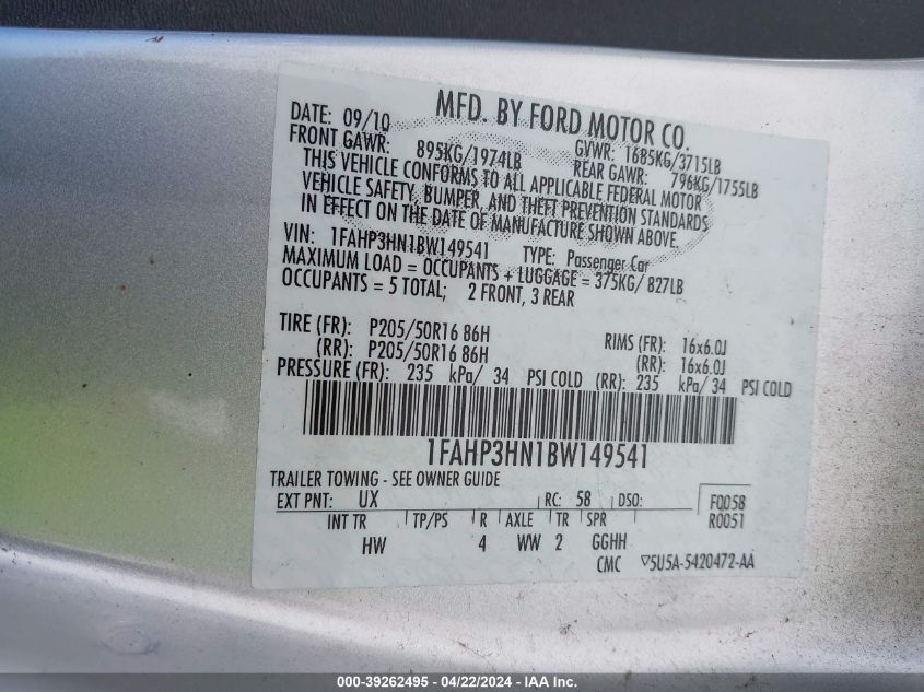 1FAHP3HN1BW149541 | 2011 FORD FOCUS