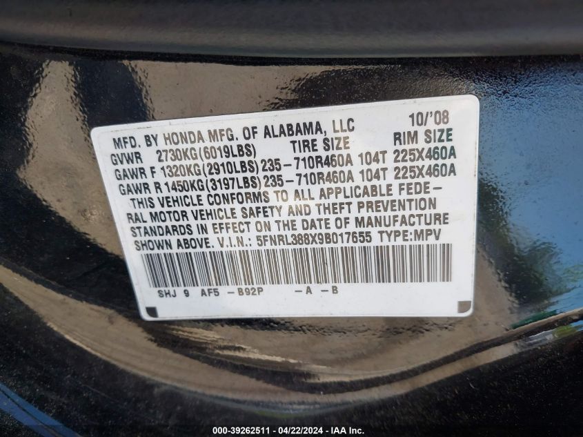 2009 Honda Odyssey Touring VIN: 5FNRL388X9B017655 Lot: 39262511