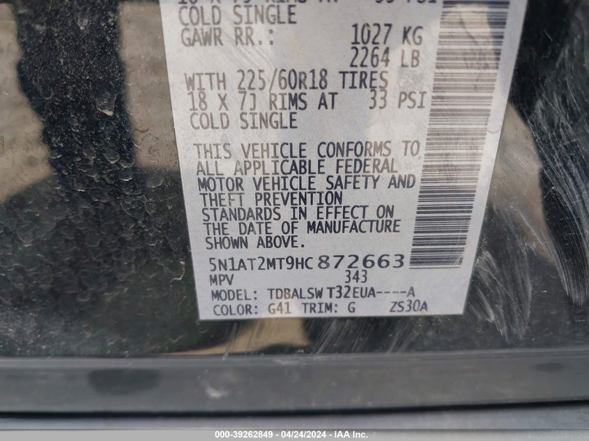 VIN 5N1AT2MT9HC872663 2017 NISSAN ROGUE SL