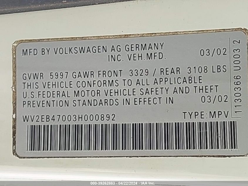 2003 Volkswagen Eurovan Mv VIN: WV2EB47003H000892 Lot: 39262883